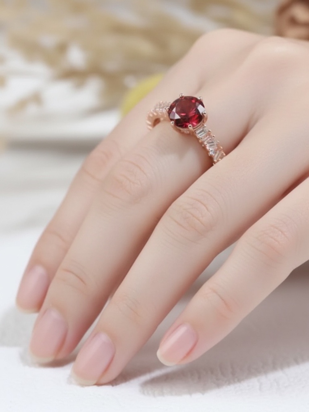 Rose Gold Plated Ring with Red Moissanite Stone. - Picture 5 of 10